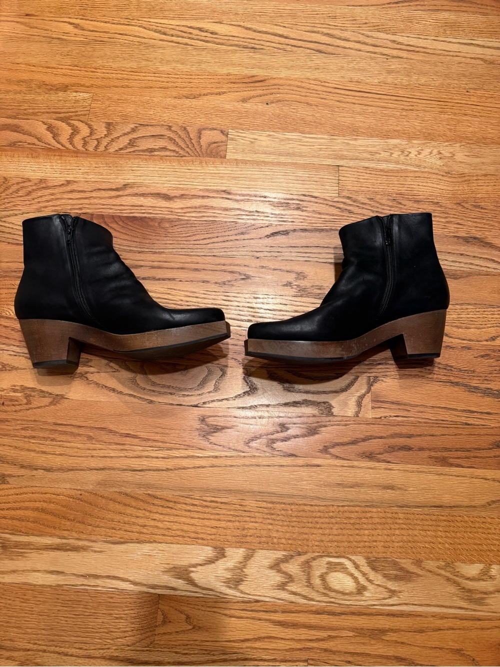 COCLICO Black Leather Ankle Boots with Brown Wood Platform Size 42